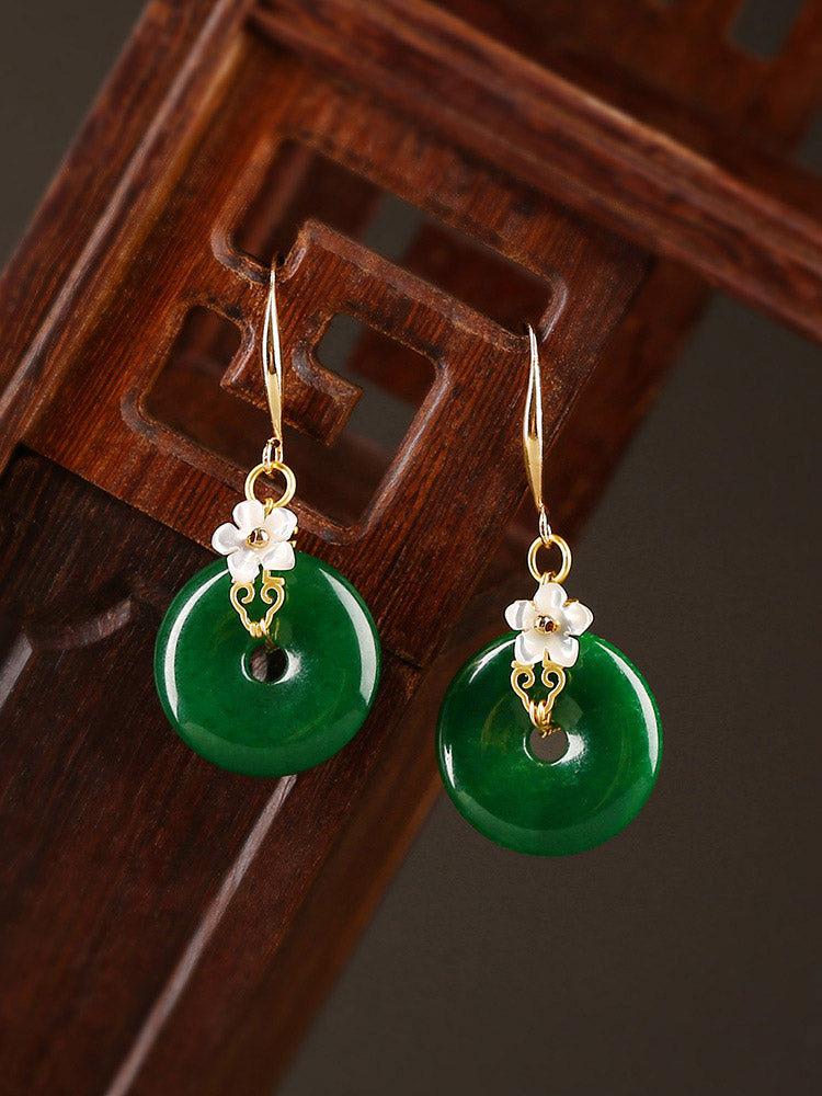 Elegant Green Emerald & Shell Flower Earrings