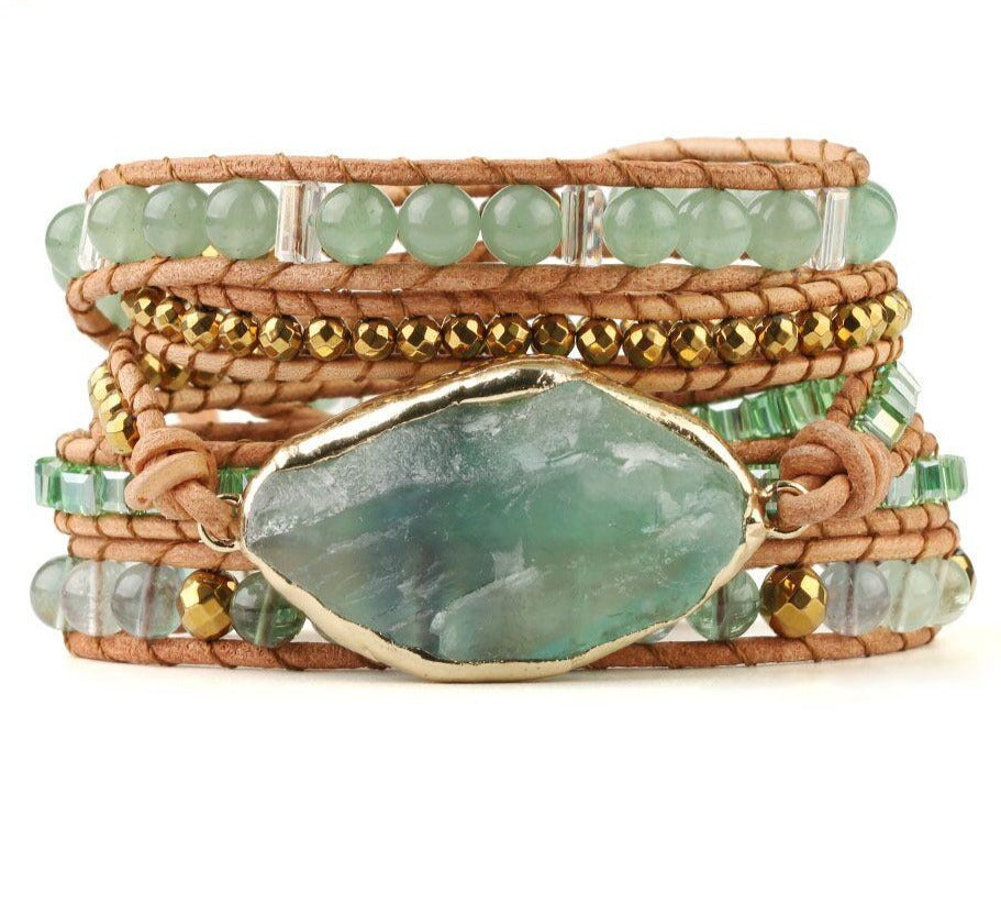 Fluorite & Aventurine Leather Wrap Bracelet