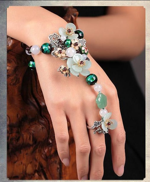 Jade & Agate Flower Fairy Bracelet Ring with Garnet