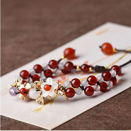 Vintage Handmade Garnet Inspirational Flowers Braided Bracelet - Garnet