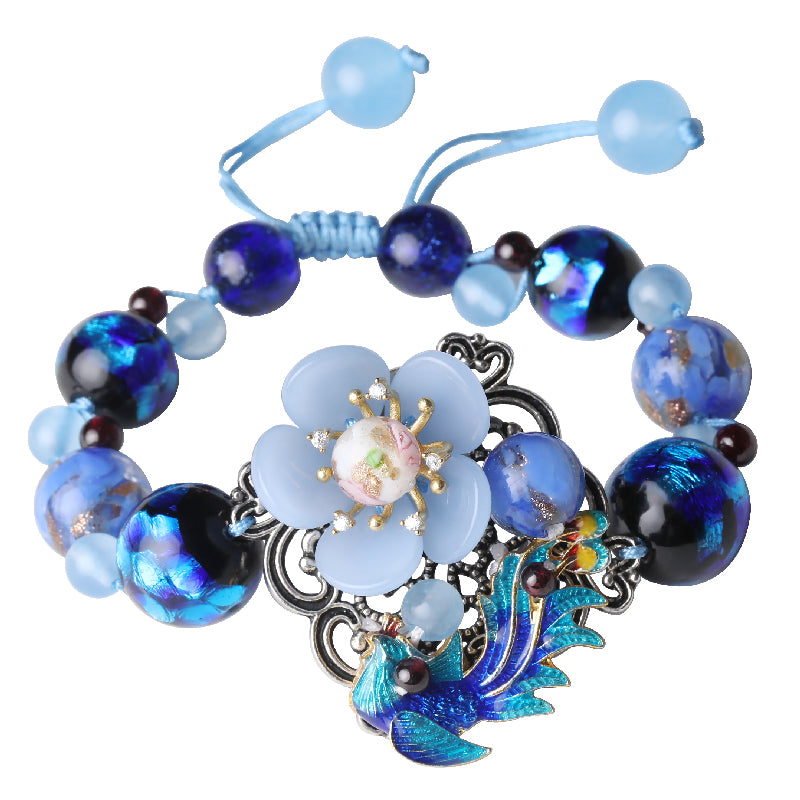 Luxury Blue Colored Jade Flower & Garnet Bracelet