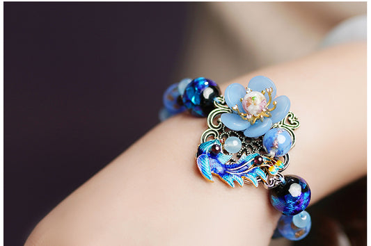 Luxury Blue Colored Jade Flower & Garnet Bracelet