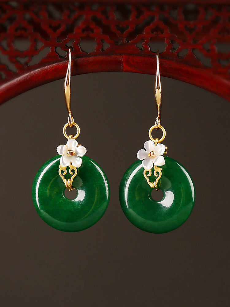 Elegant Green Emerald & Shell Flower Earrings