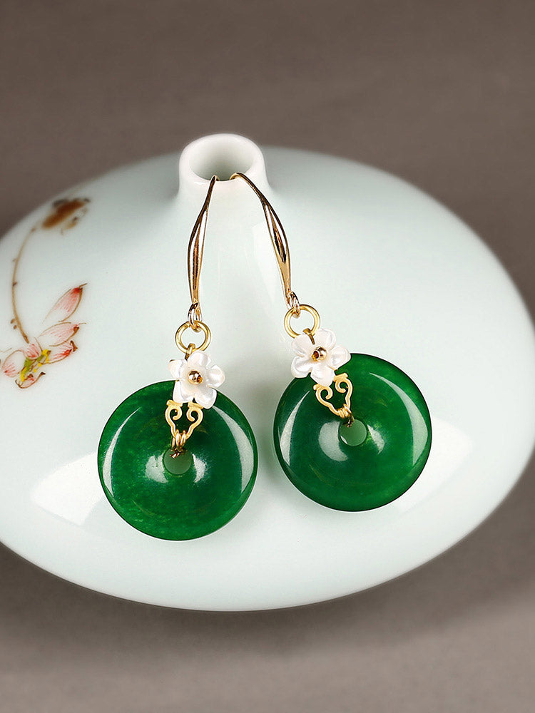 Elegant Green Emerald & Shell Flower Earrings