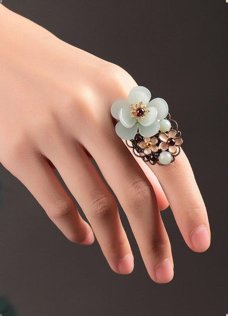 Green Agate Garnet Crystal Flower Ring