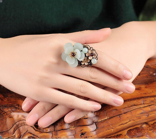 Green Agate Garnet Crystal Flower Ring