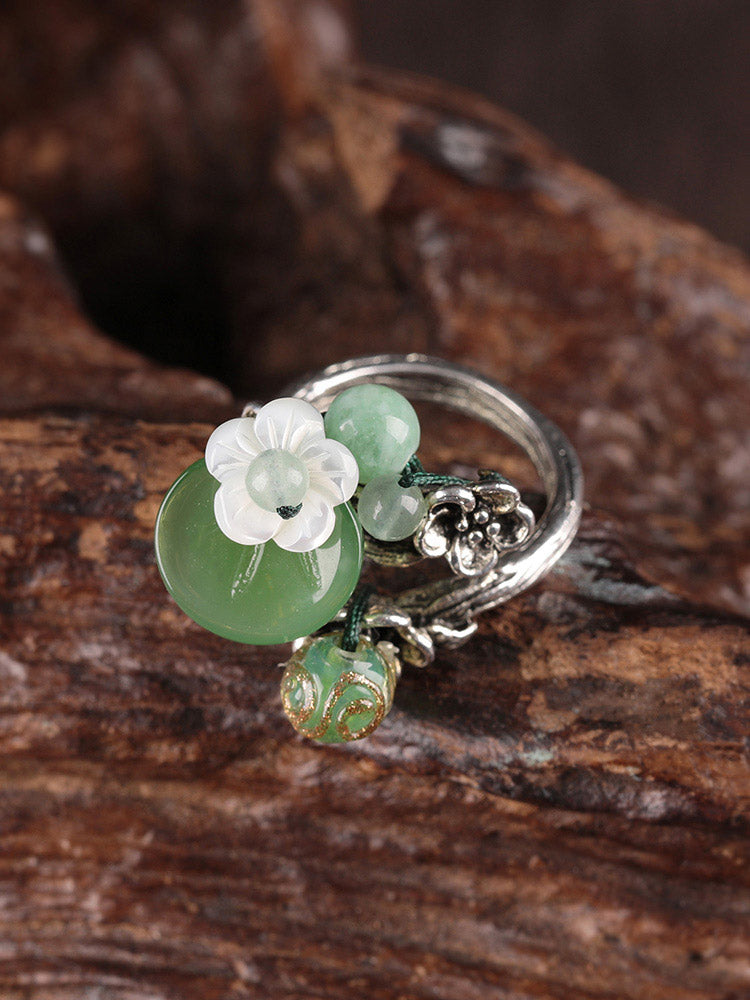 Charming Perfections Antique Jade Shell Flower Ring High Quality Natural Jade Ring made with adjustable brass metal Jewelry on wood for Gift, Birthday, Anniversary, Wedding, Christmas Friendship and Holiday