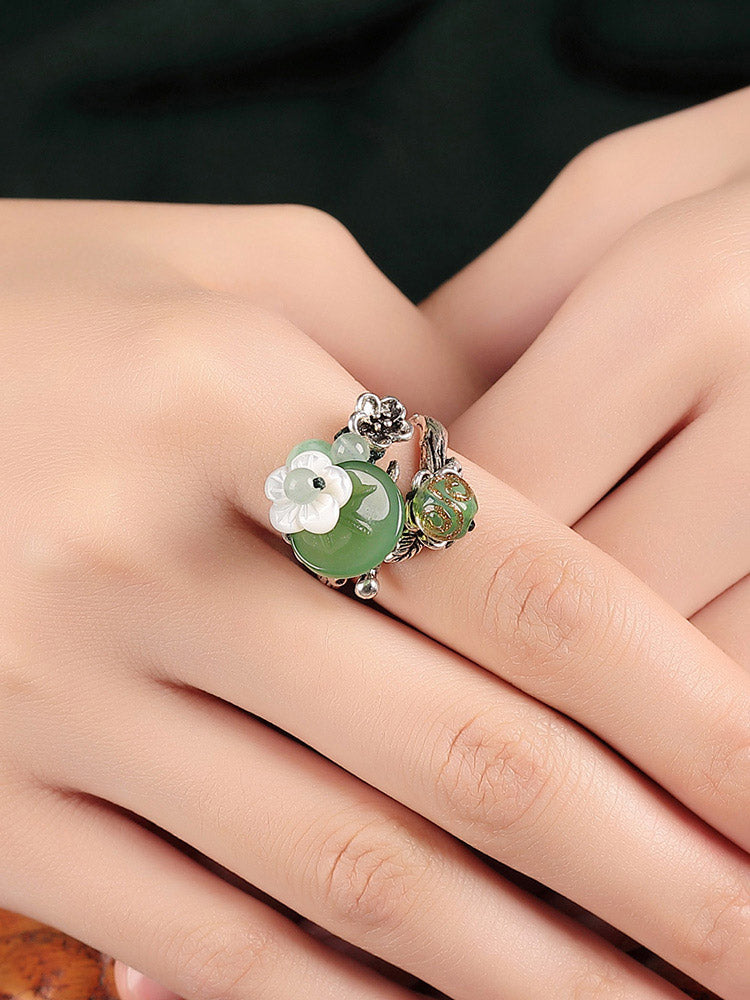 Charming Perfections Antique Jade Shell Flower Ring High Quality Natural Jade Ring made with adjustable brass metal Jewelry on finger for Gift, Birthday, Anniversary, Wedding, Christmas Friendship and Holiday