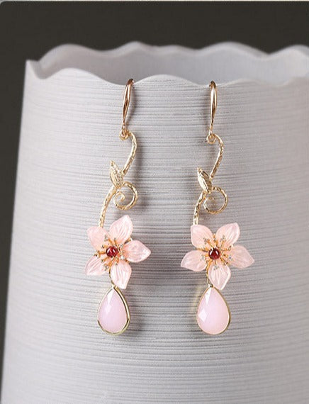 Pink Rose Quartz Shell Flower Earrings