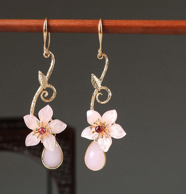 Pink Rose Quartz Shell Flower Earrings