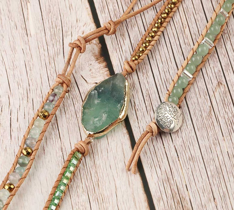 Fluorite & Aventurine Leather Wrap Bracelet