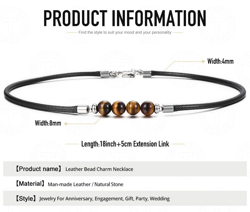 Classic Black Leather Crystal Stone Bead Cord Necklace - Tiger Eye