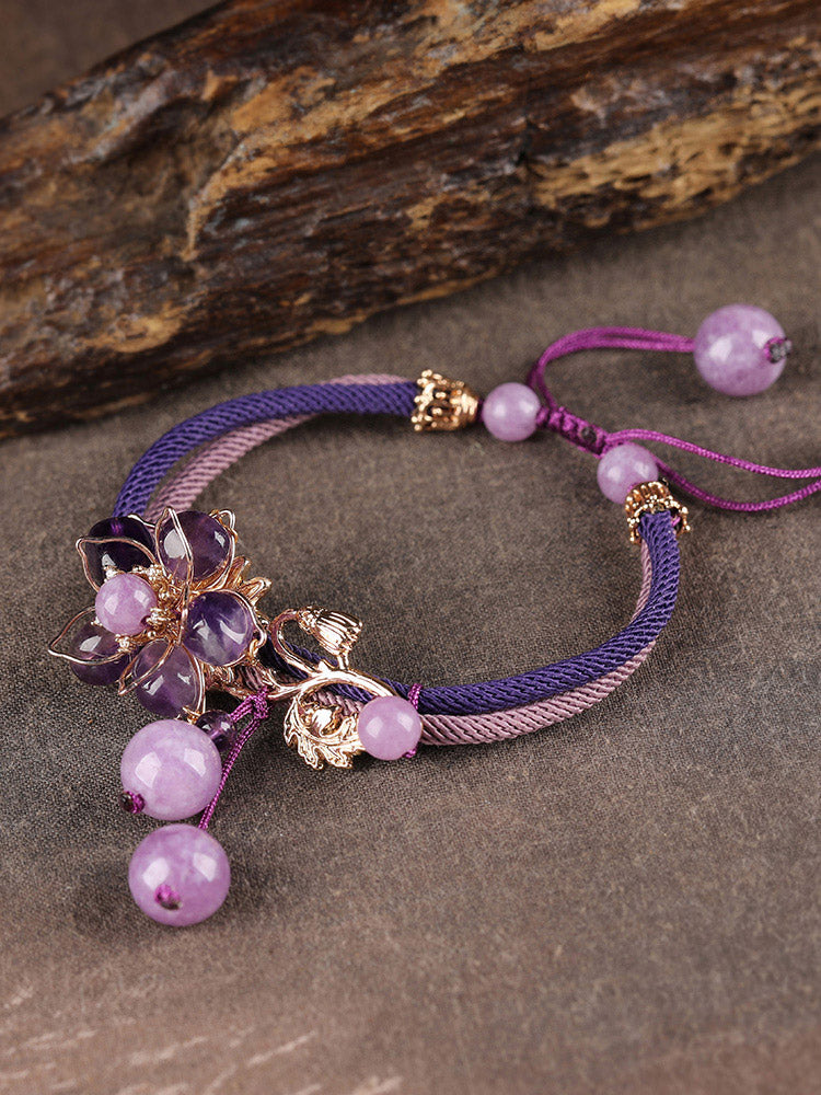 Amethyst Purple 5 PC Beaded Bracelet Set With Stone Druzy Charm