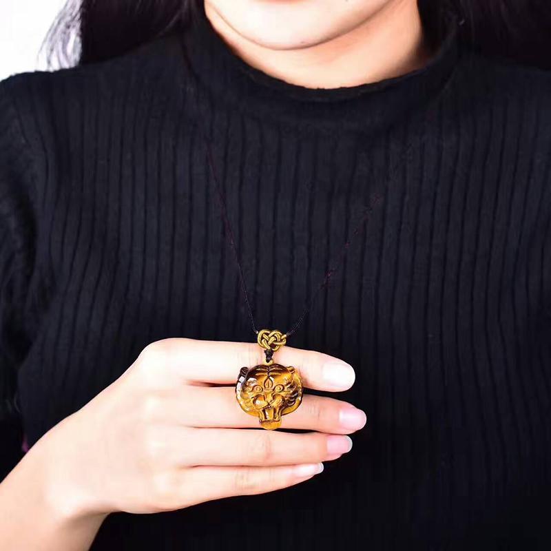 Natural Yellow Tiger Eye Stone Handmade Pendant Tiger Head