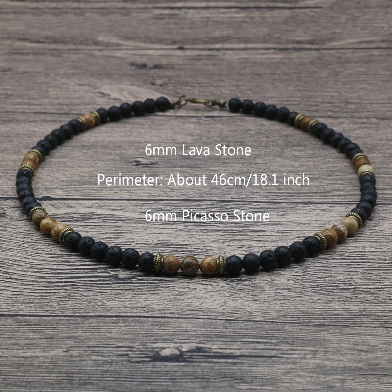 Charming Perfections Chakra Lava Stone Necklace Tribal Crystal Natural Picasso / Picture Jasper Stone Necklace Men Jewelry with wood background for Gift, Birthday, Anniversary, Wedding, Christmas Friendship and Holiday