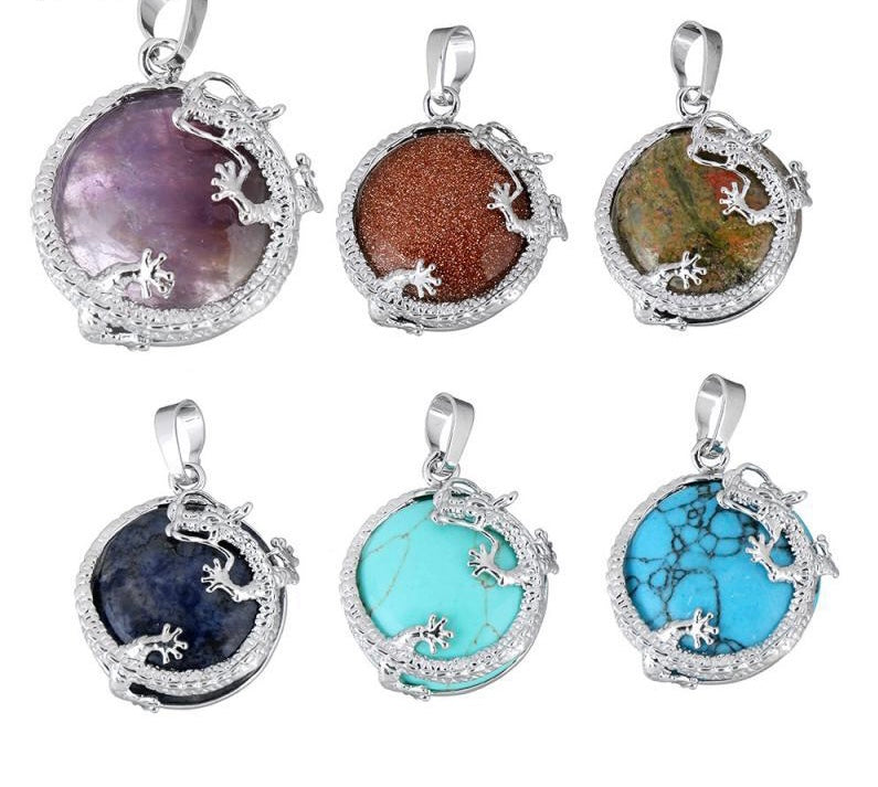 Natural Stone Pendants Silver Plated Dragon Charm Necklace