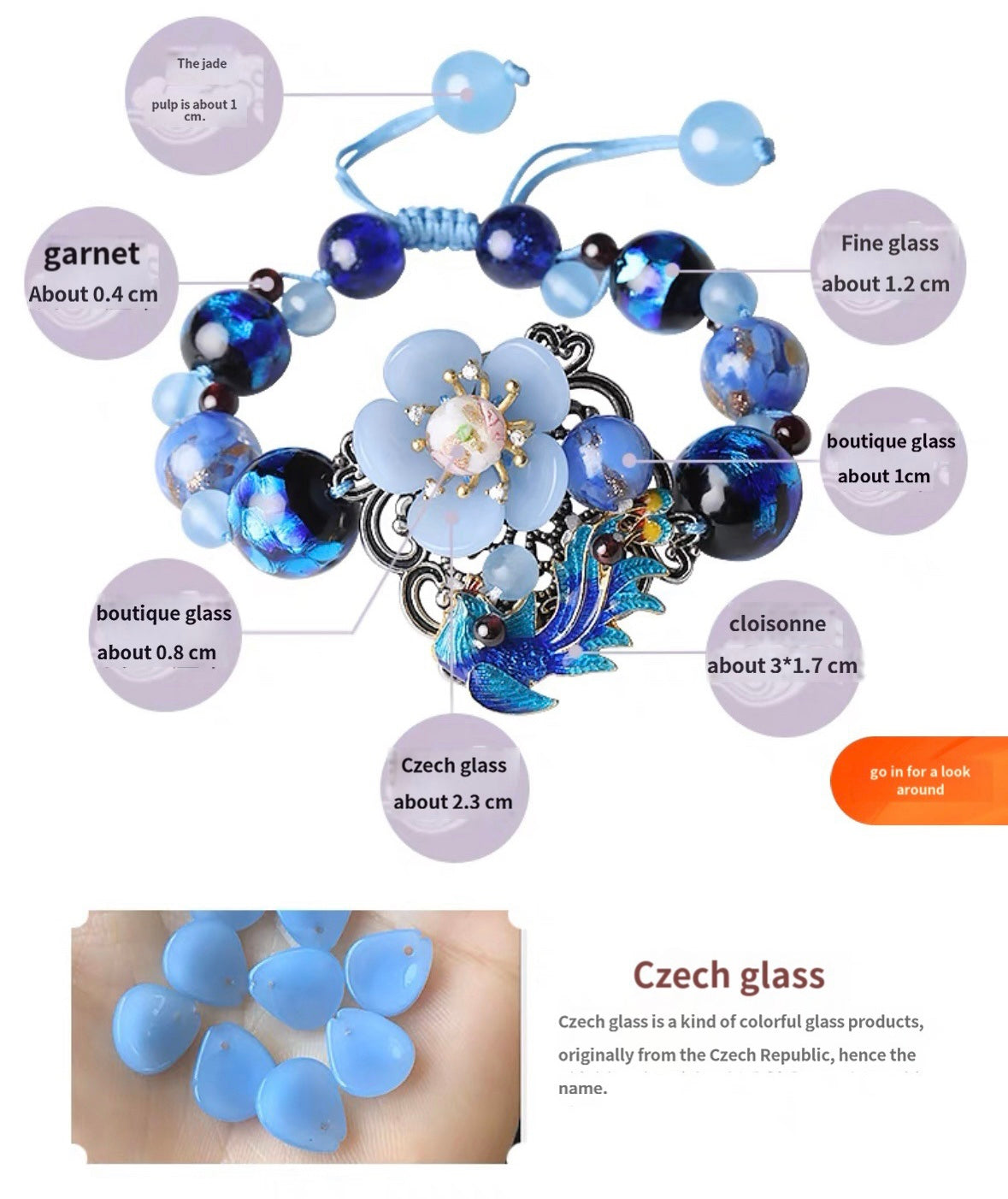 Luxury Blue Colored Jade Flower & Garnet Bracelet