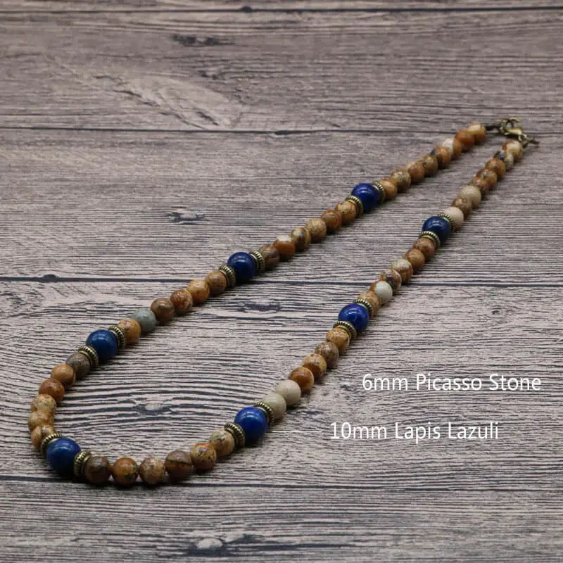 Charming Perfections Chakra Stone Necklace Tribal Crystal Natural Picasso / Picture Jasper, and lapis Lazuli Stone Necklace Men Jewelry with gray background for Gift, Birthday, Anniversary, Wedding, Christmas Friendship and Holiday