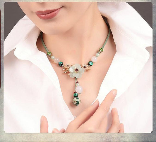 Charming Perfections Elegant Handmade Green Agate Crystal Natural Stone Necklace Jewelry around neck with brown background for Gift, Birthday, Anniversary, Wedding, Black Friday, Christmas, Friendship and Holiday