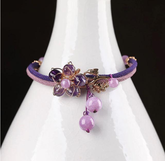 Charming Perfections Purple Amethyst Crystal Natural Stone Bracelet Jewelry on white vase with black background for Gift, Birthday, Anniversary, Wedding, Christmas Friendship and Holiday