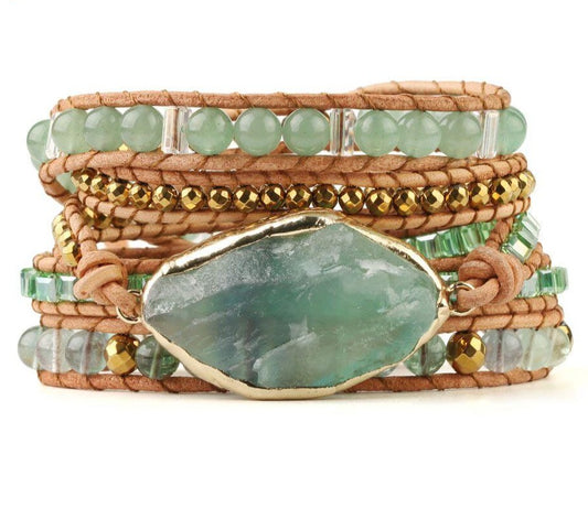 Charming Perfections Green Fluorite Aventurine Crystal Natural Stone Wrap Bracelet Jewelry Beads Leather Multilayer Bracelets Bangles Boho Chic with white background for Gift, Birthday, Anniversary, Wedding, Christmas Friendship and Holiday