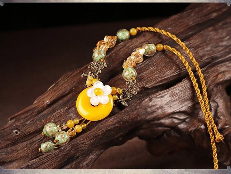 Charming Perfections Elegant Handmade Citrine, Yellow Agate Crystal Natural Stone Necklace Jewelry on wood art with brown background for Gift, Birthday, Anniversary, Wedding, Black Friday, Christmas Friendship and Holiday