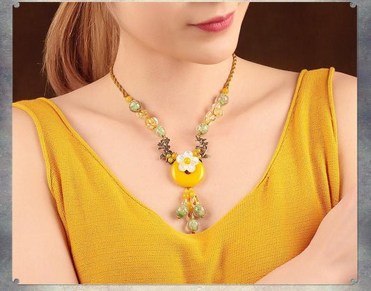 Charming Perfections Elegant Handmade Citrine, Yellow Agate Crystal Natural Stone Necklace Jewelry around neck with brown background for Gift, Birthday, Anniversary, Wedding, Black Friday, Christmas, Friendship and Holiday