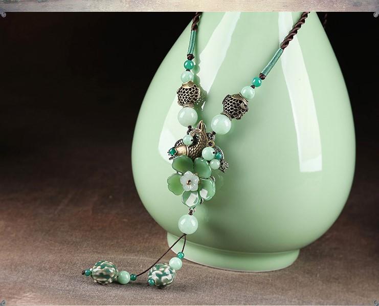 Charming Perfections Beautiful green Jade Crystal Natural Stone brown rope Necklace Jewelry around green vase with brown background for Gift, Birthday, Anniversary, Wedding, Christmas Friendship and Holiday