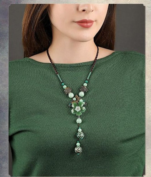 Charming Perfections Beautiful green Jade Crystal Natural Stone brown rope Necklace Jewelry around neck with gray background for Gift, Birthday, Anniversary, Wedding, Christmas Friendship and Holiday