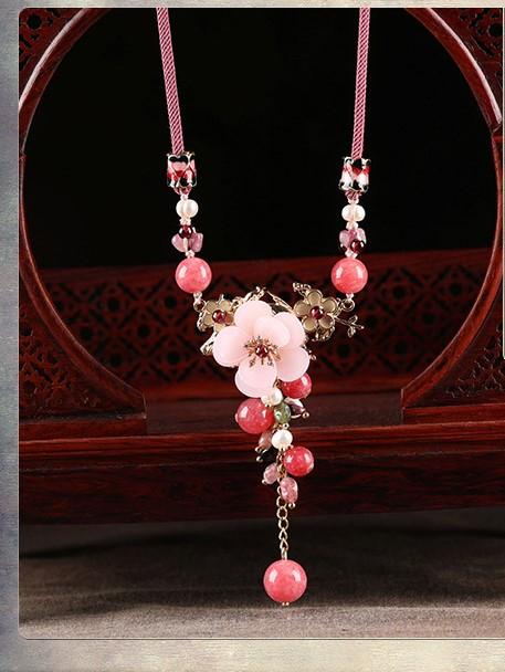 Charming Perfections Elegant Pink Tourmaline Crystal Natural Stone Flower Necklace Jewelry on wood art with brown background for Gift, Birthday, Anniversary, Wedding, Black Friday, Christmas, Friendship and Holiday