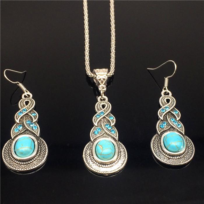 Charming Perfections Exquisite Blue Turquoise Oval Silver Necklace Earring set on black background for Gift, Birthday, Anniversary, Wedding, Black Friday, Christmas, Friendship and Holiday