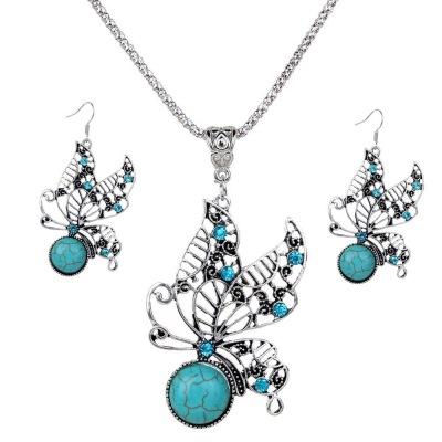 Charming Perfections Exquisite Blue Turquoise Butterfly Silver Necklace Earring set with white background for Gift, Birthday, Anniversary, Wedding, Black Friday, Christmas, Friendship and Holiday