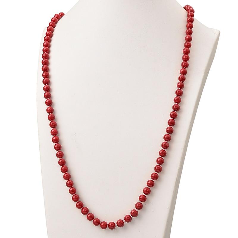 Round Red Stone Long Pearls Necklace 8mm Size