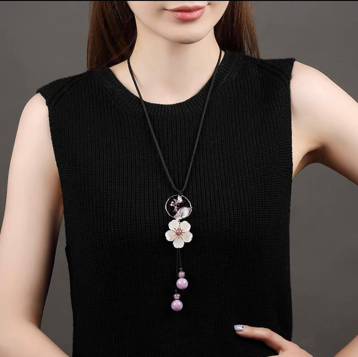 Charming Perfections Beautiful Purple Amethyst Crystal Stone black rope Necklace Jewelry around neck with black shirt background for Gift, Birthday, Anniversary, Wedding, Christmas Friendship and Holiday