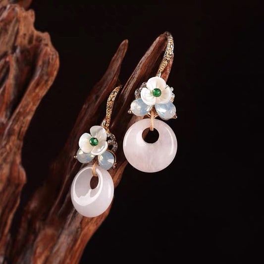 White Chalcedony Emerald Flower Earrings Pure Natural Crystal Stone