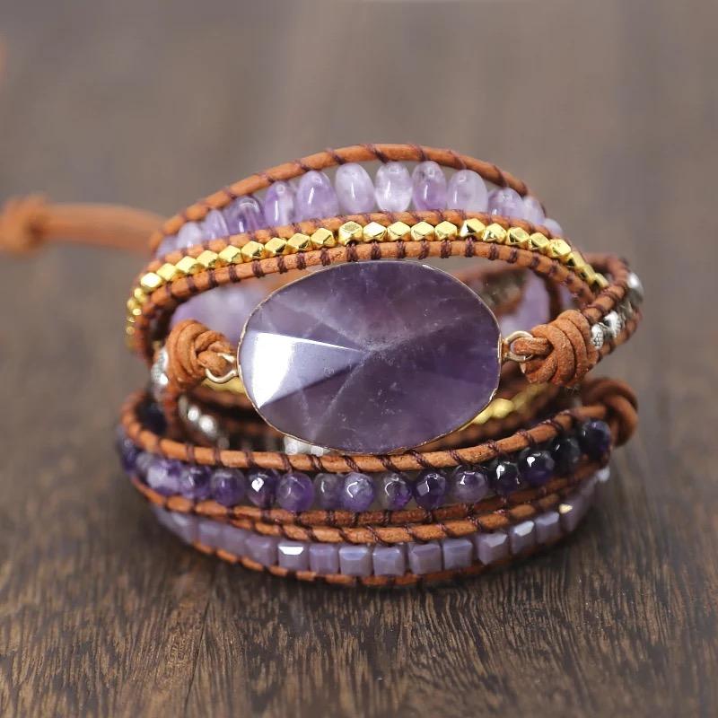 Charming Perfections Purple Amethyst Crystal Natural Stone Wrap Bracelet Jewelry with wooden Floor background for Gift, Birthday, Anniversary, Wedding, Christmas Friendship and Holiday