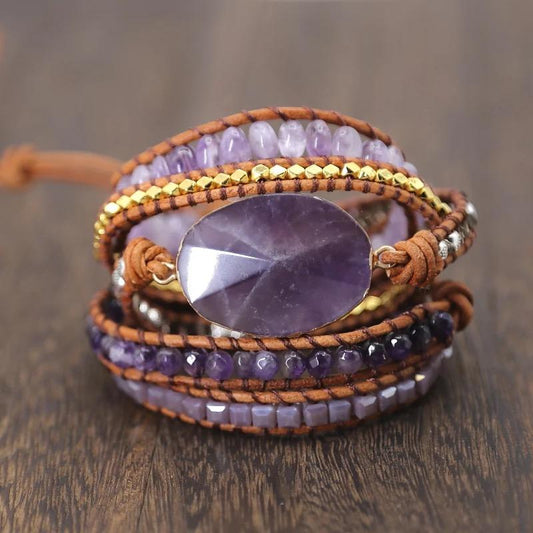 Charming Perfections Purple Amethyst Crystal Natural Stone Wrap Bracelet Jewelry with wooden Floor background for Gift, Birthday, Anniversary, Wedding, Christmas Friendship and Holiday