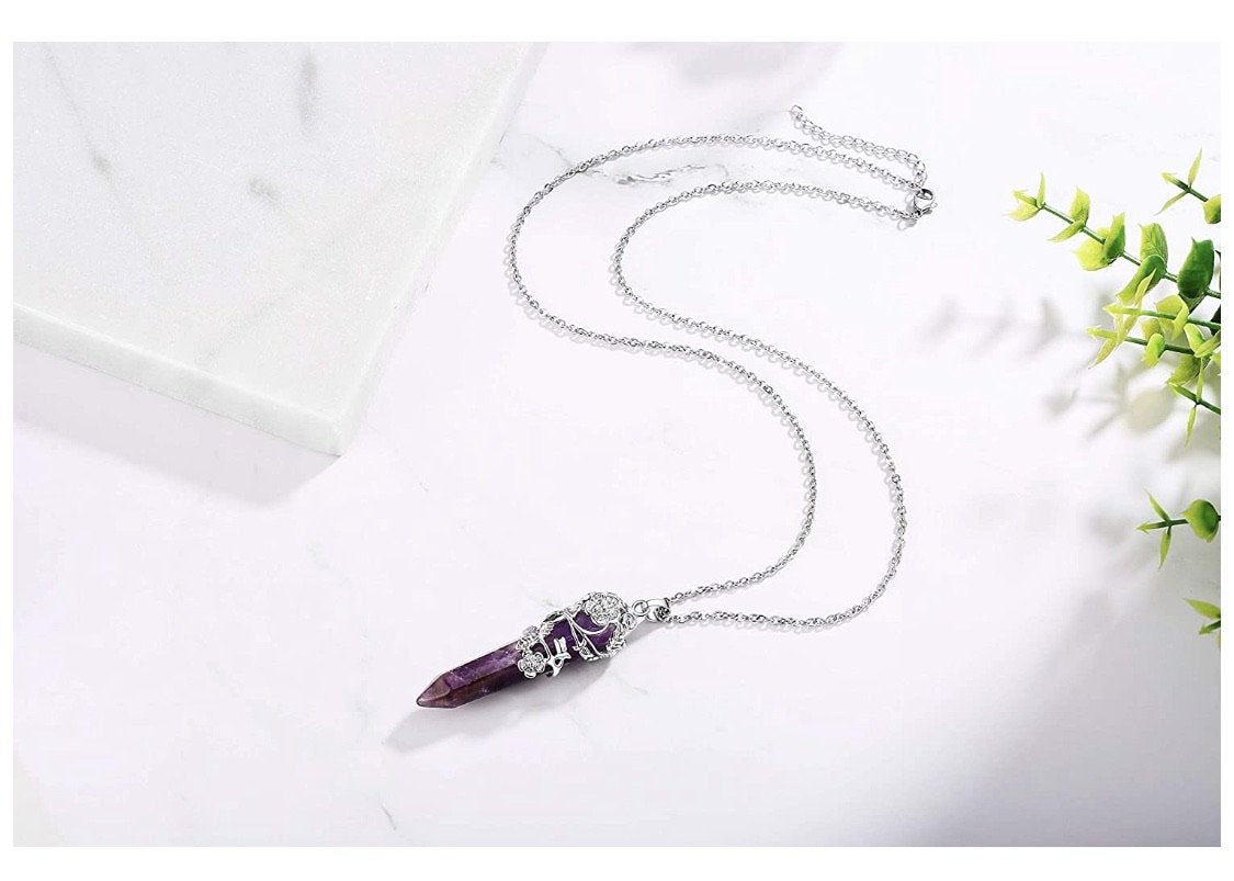 Charming Perfections Purple Amethyst Crystal Natural Stone Pendant Necklace Jewelry with white background for Gift, Birthday, Anniversary, Wedding, Black Friday, Christmas Friendship and Holiday