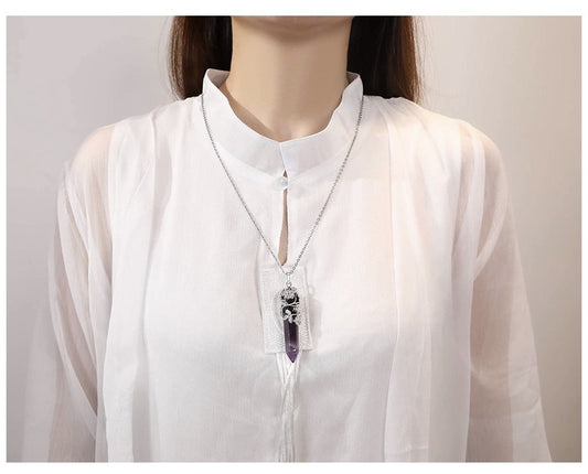 Charming Perfections Purple Amethyst Crystal Natural Stone Pendant Necklace Jewelry around neck with white shirt background for Gift, Birthday, Anniversary, Wedding, Black Friday, Christmas Friendship and Holiday