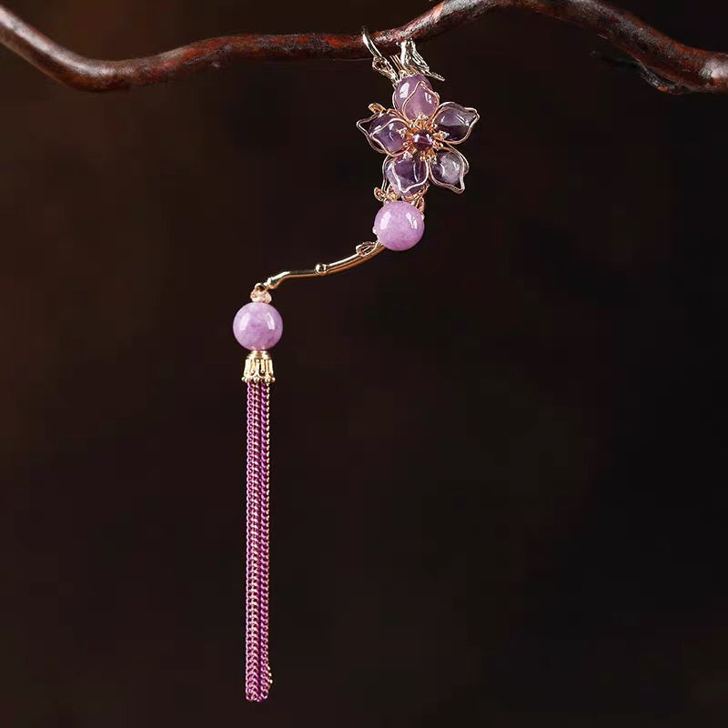 Charming Perfections Trendy One Ear Purple Amethyst Flower Earring Jewelry on ear with wooden art background Pure Natural Stone Crystal Beauty Jewelry. Perfect for Birthday Gifts, Anniversary, Black Friday, Christmas, or any Occasion. Perfect Present for a Loved one. Fashion and Style. Very Fashionable for that special someone.