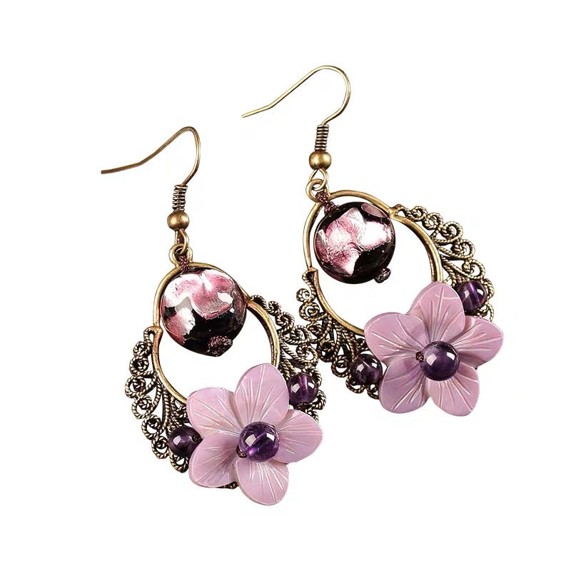 Charming Perfections Antique Purple Amethyst Flower Earrings Pure Natural Crystal Stone Jewelry with white background for Gift, Birthday, Anniversary, Wedding, Christmas Friendship and Holiday.