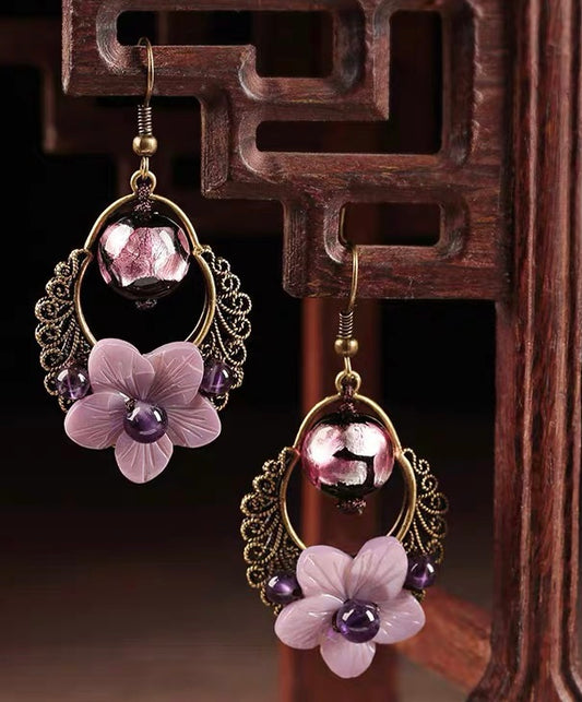 Charming Perfections Antique Purple Amethyst Flower Earrings Pure Natural Crystal Stone Jewelry hanging from art wood for Gift, Birthday, Anniversary, Wedding, Christmas Friendship and Holiday.