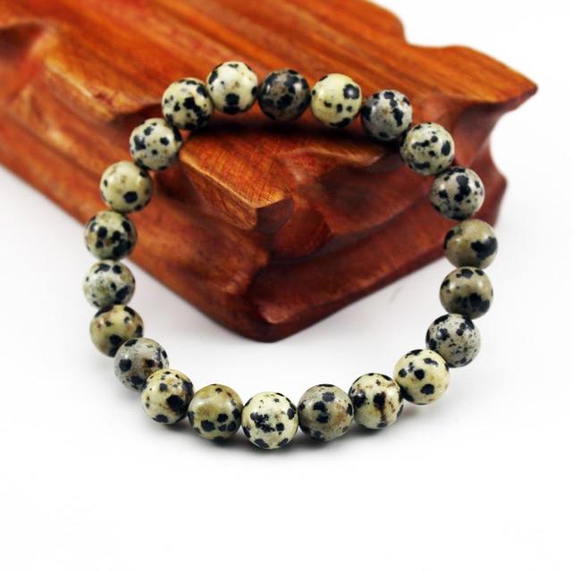 Charming Perfections Dalmatian Obsidian Chakra Natural Crystal Stone Stretch Bracelets 8mm Jewelry with White background for Gift, Birthday, Anniversary, Wedding, Christmas Friendship and Holiday.