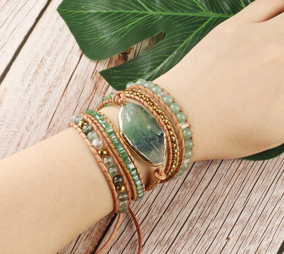 Charming Perfections Green Fluorite Aventurine Crystal Natural Stone Wrap Bracelet Jewelry Beads Leather Multilayer Bracelets Bangles Boho Chic  with Leaf and wooden Floor background for Gift, Birthday, Anniversary, Wedding, Christmas Friendship and Holiday