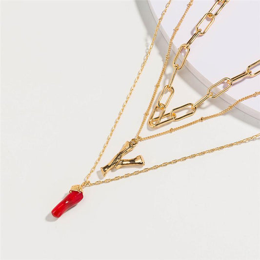 Natural Red Coral Gold Alloy Letter Pendant Long Chain Necklace