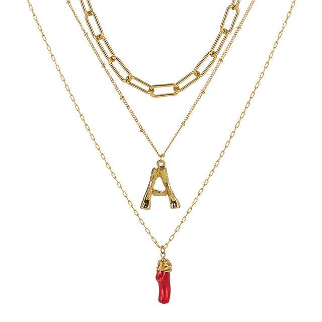 Natural Red Coral Gold Alloy Letter Pendant Long Chain Necklace