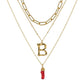 Natural Red Coral Gold Alloy Letter Pendant Long Chain Necklace