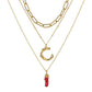 Natural Red Coral Gold Alloy Letter Pendant Long Chain Necklace