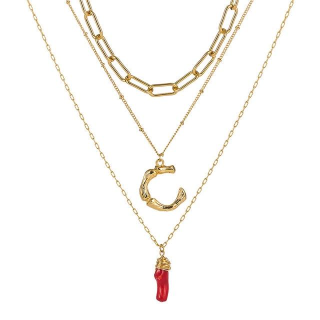 Natural Red Coral Gold Alloy Letter Pendant Long Chain Necklace