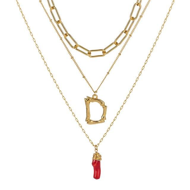 Natural Red Coral Gold Alloy Letter Pendant Long Chain Necklace